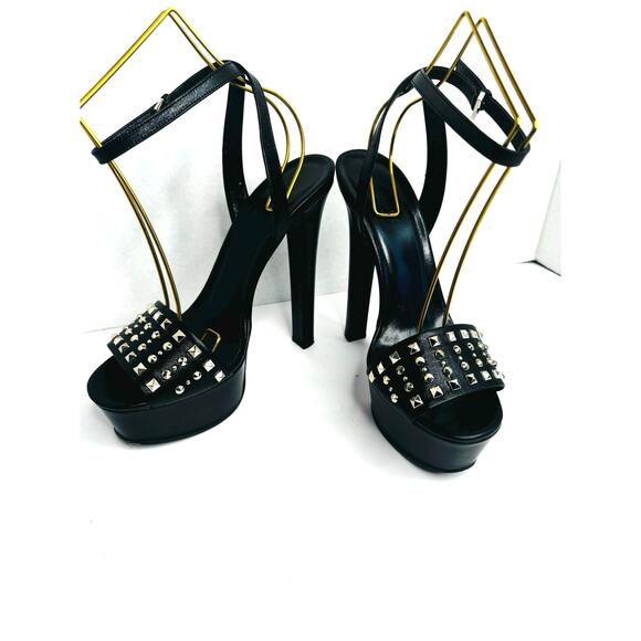 Gucci Black Studded Leila Platform Ankle Strap Heels size EU 38.5 Statement Pump - Picture 10 of 10